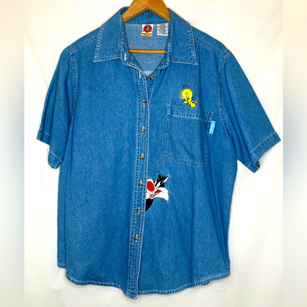 Looney Tunes Vintage Denim Button Up Shirt Tweety Embroidered Women's 14 / 16